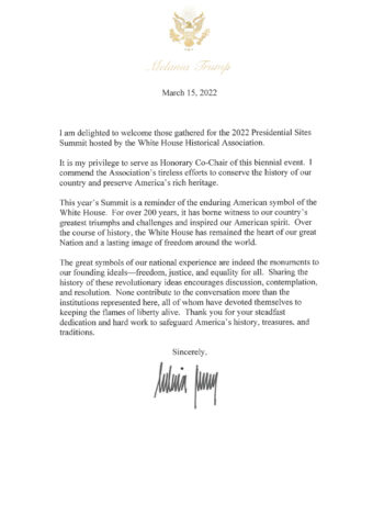 Melania Trump Presidential Sites Summit 2022 Letter