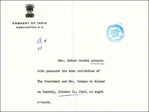 India State Dinners: Indira Gandhi Acceptance Letter