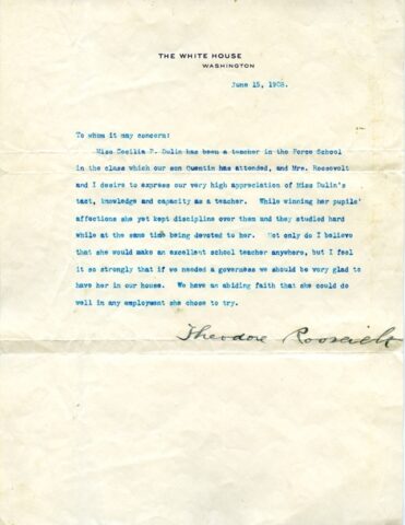 Letter from President Theodore Roosevelt about Cecelia P. Dulin